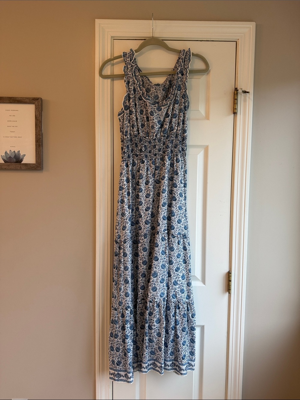 Max Studio Blue and White Floral Maxi Dress with Ruffle trim